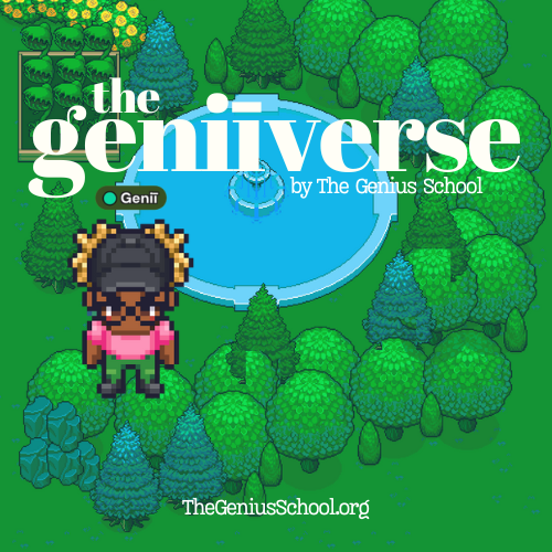 Pixel-art illustration of The Geniīverse, an online self-directed learning community by The Genius School, showing a young learner standing in a green park with a fountain.